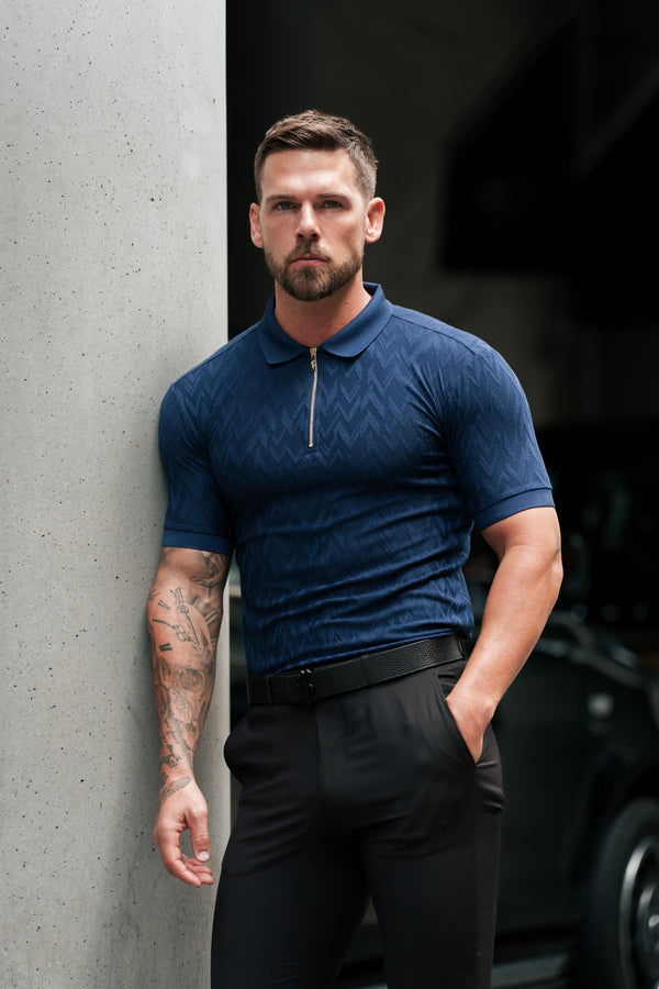 Father Sons Classic Jacquard Navy Chevron Zipped Polo - FSR021