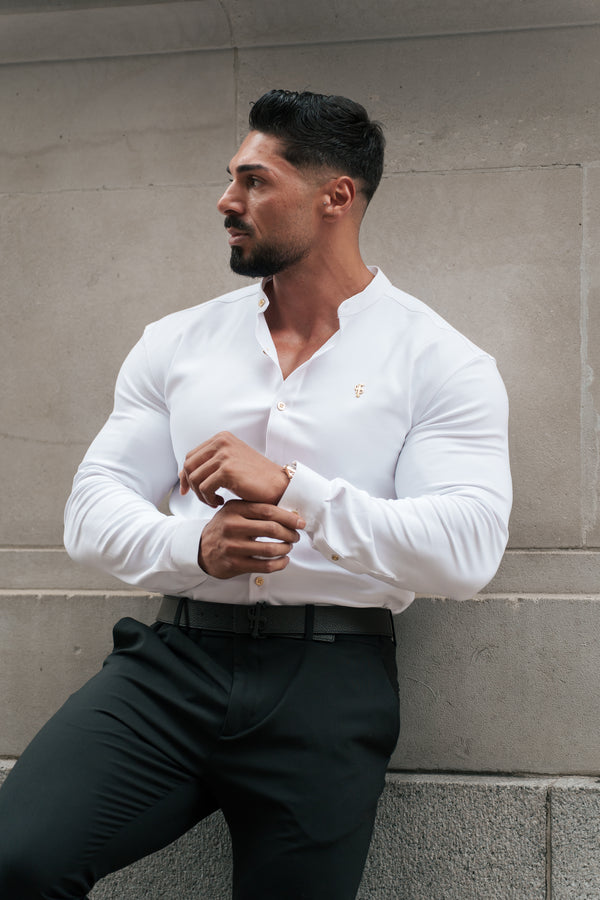 Father Sons Super Slim Scuba White / Gold Long Sleeve Stretch with Grandad Collar - FS1193