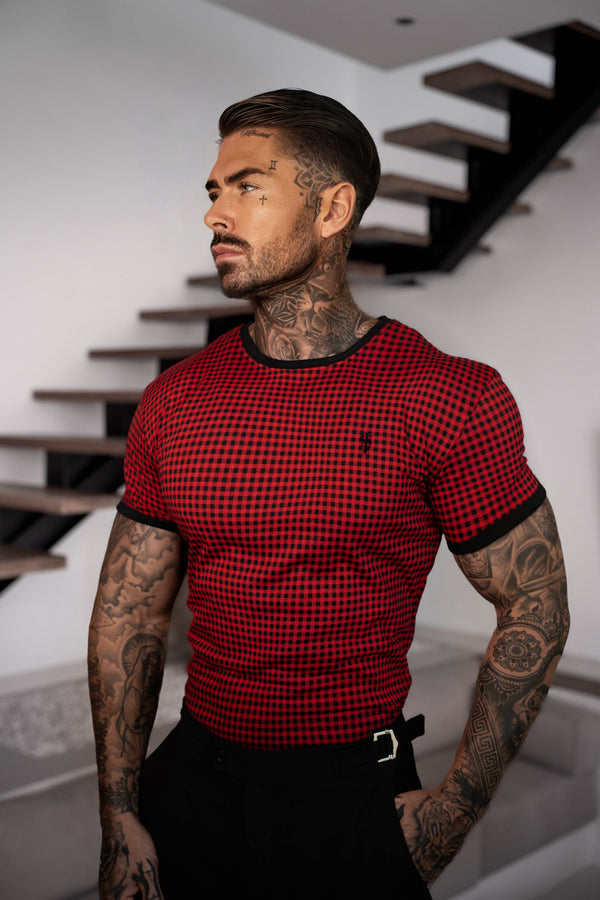 Father Sons Printed Black / Red Check Fitted T Shirt - FSH1237