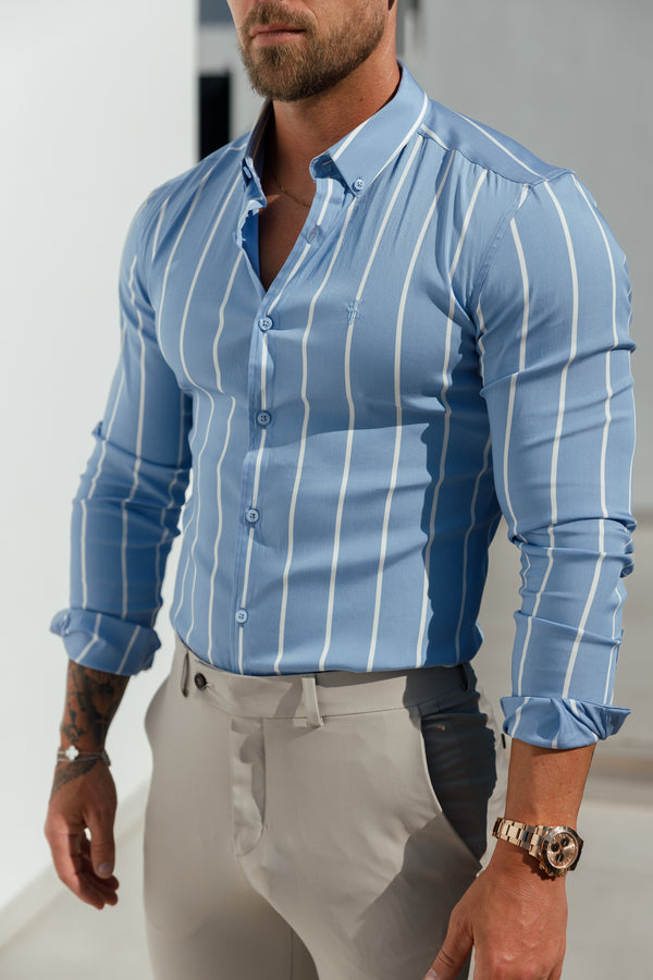 Father Sons Super Slim Stretch Blue Printed Wide Stripe Long Sleeve with Button Down Collar - FS1053