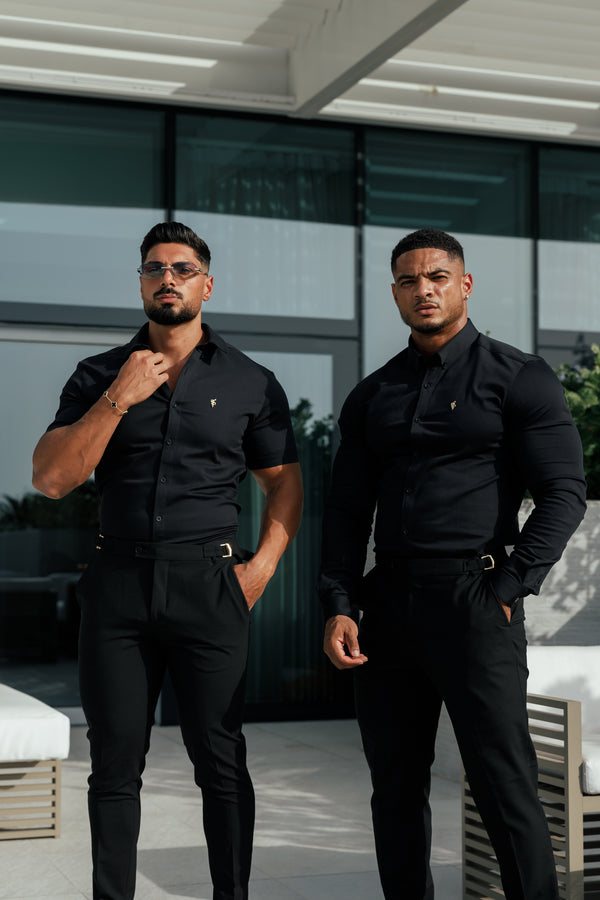 Father Sons Slim Formal Black Stretch Trousers With Gold Waist Adjusters - FST036