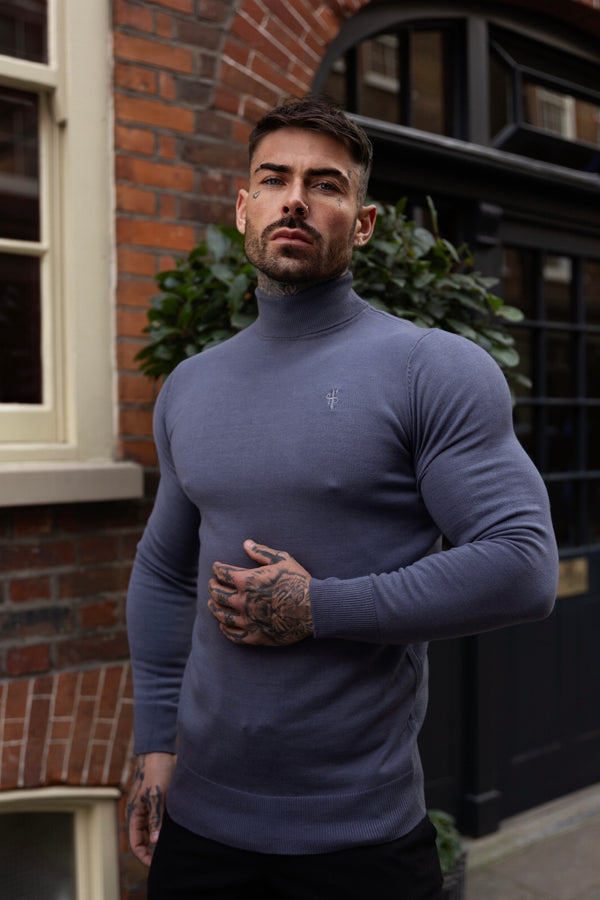 Father Sons Classic Gunmetal Roll Neck Knitted Jumper With Tonal Emblem - FSN137