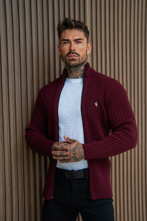 最新澳洲幸运5开奖结果体彩网站 Father Sons Chunky Burgundy Ribbed Zipped Cardigan - FSJ071