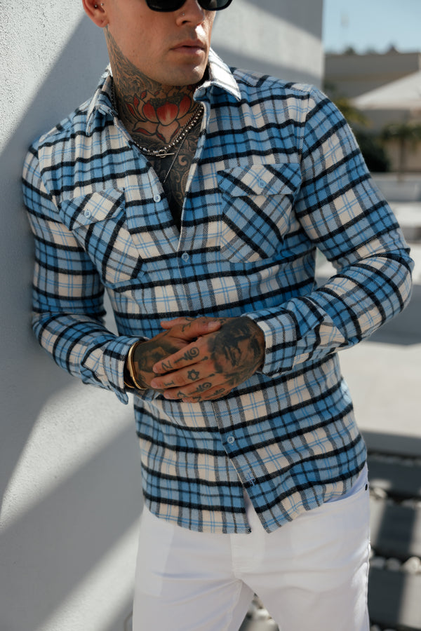 FS Light Blue Check Shacket With Double Pockets - FS1072