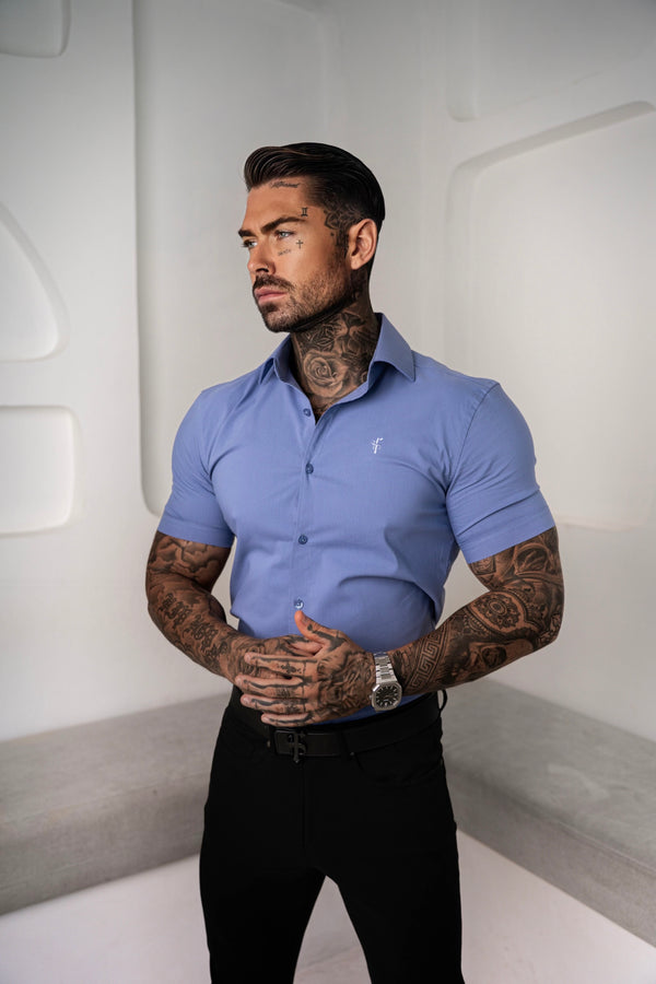 Father Sons Muscle Fit Advanced Stretch Mid Blue Short Sleeve with Cutaway Collar - FS1203