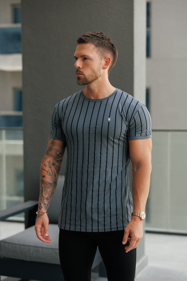 Father Sons Printed Charcoal / Black Stripe Fitted T Shirt - FSH1375