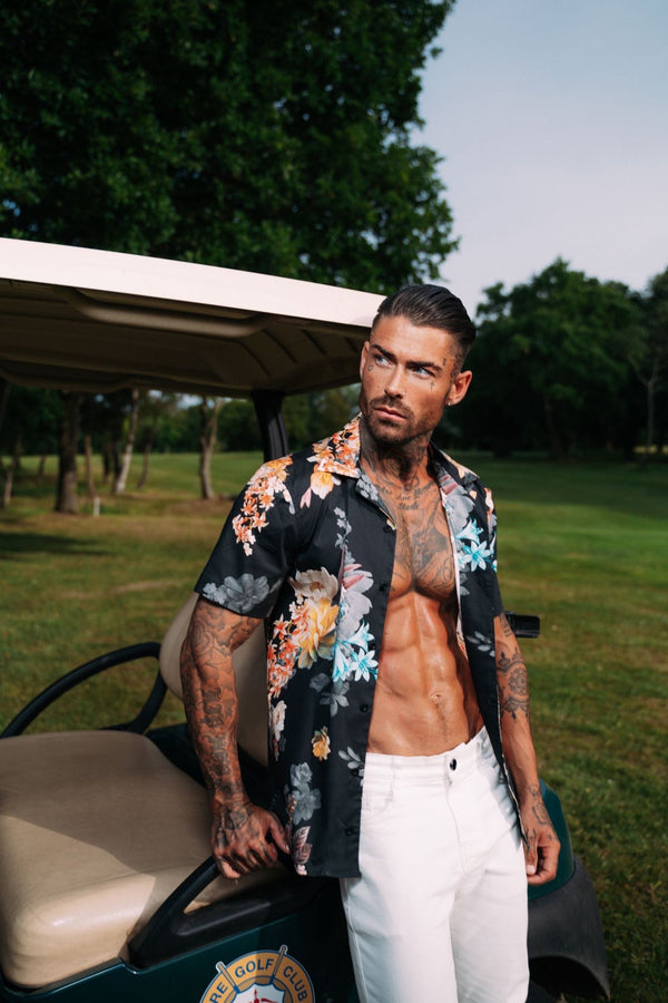 Father Sons Hawaiian Boxy Black Lily Stretch Print with Revere Collar Short Sleeve - FS946