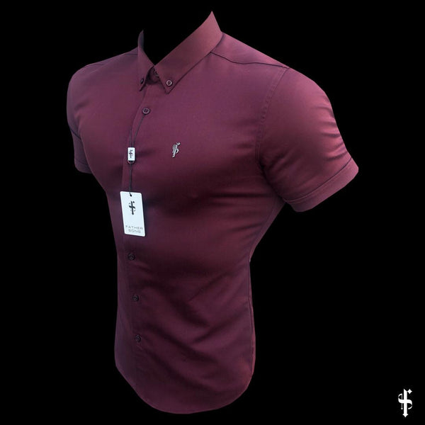 Father Sons Super Slim Stretch Burgundy Denim Short Sleeve with Metal Decal Emblem - FS629
