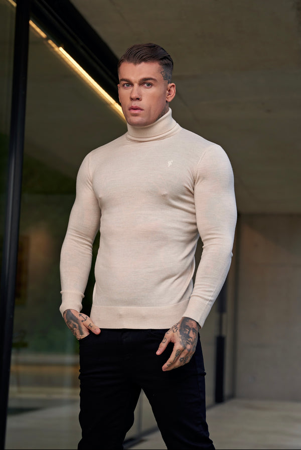 Father Sons Classic Beige Roll Neck Merino Wool Knitted Jumper With FS Embroidery - FSN012
