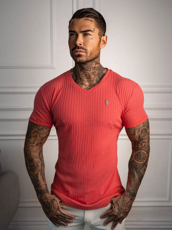 Father Sons Super Slim Coral / Silver V Neck Ribbed Crew - FSH1365