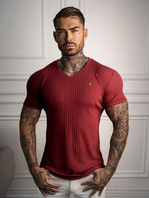 Father Sons Super Slim Burgundy / Gold V Neck Ribbed Crew - FSH1367