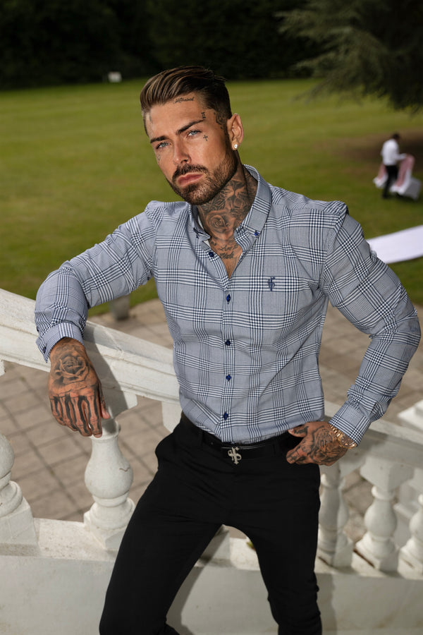 Father Sons Super Slim Stretch Navy and White Printed Check Long Sleeve - FS1050