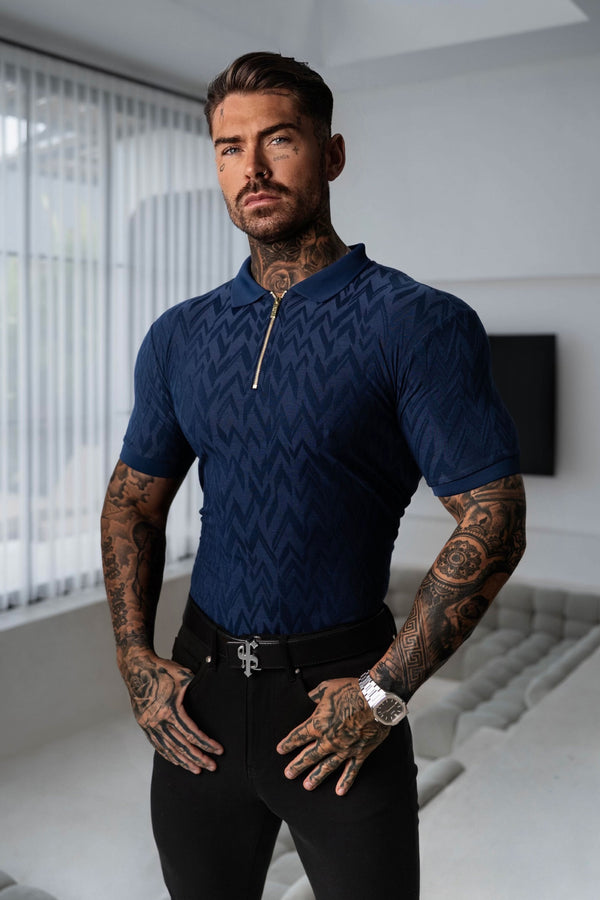 Father Sons Classic Jacquard Navy Chevron Zipped Polo - FSR021
