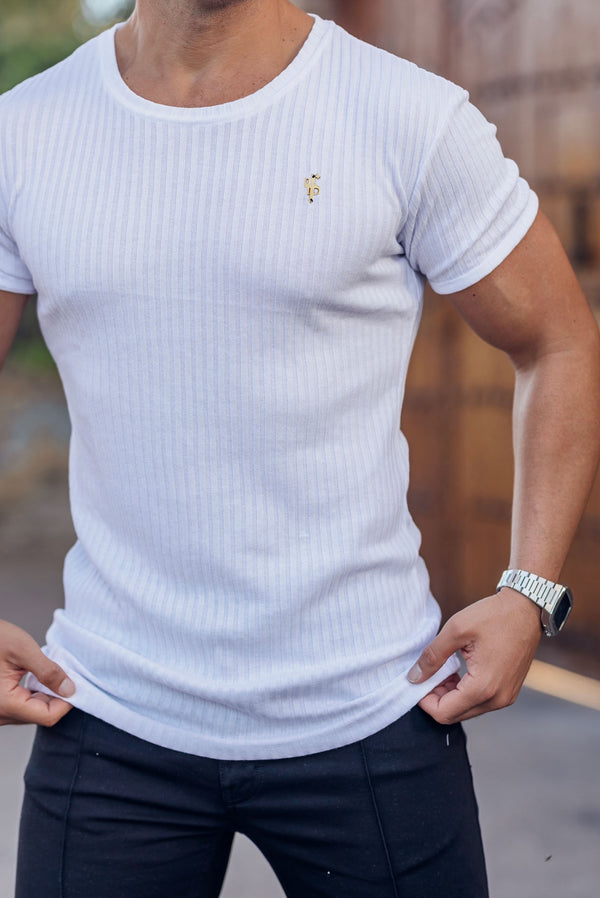 Father Sons Classic White / Gold Ribbed Knit Super Slim Short Sleeve Crew - FSH1370C